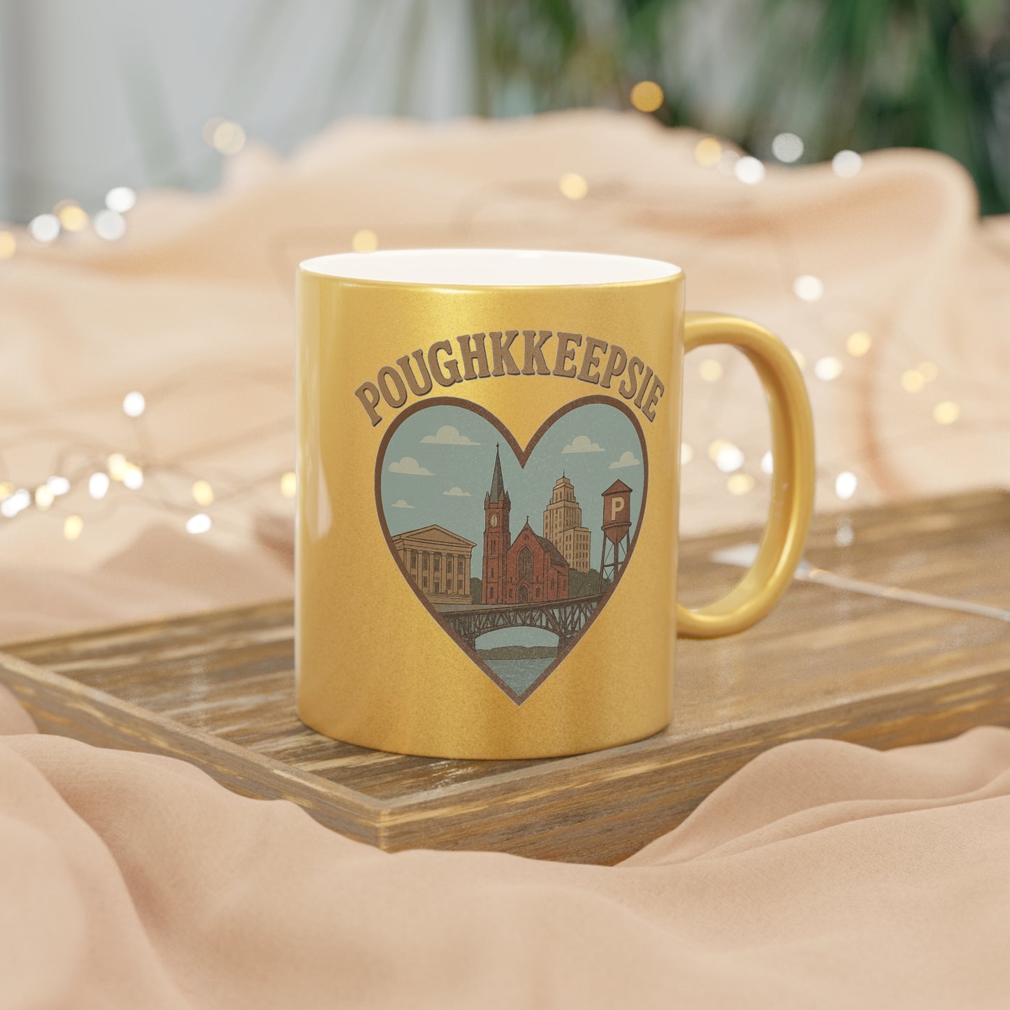 Sip Poughkeepsie in Style: Vintage Metallic Mug with Iconic Skyline