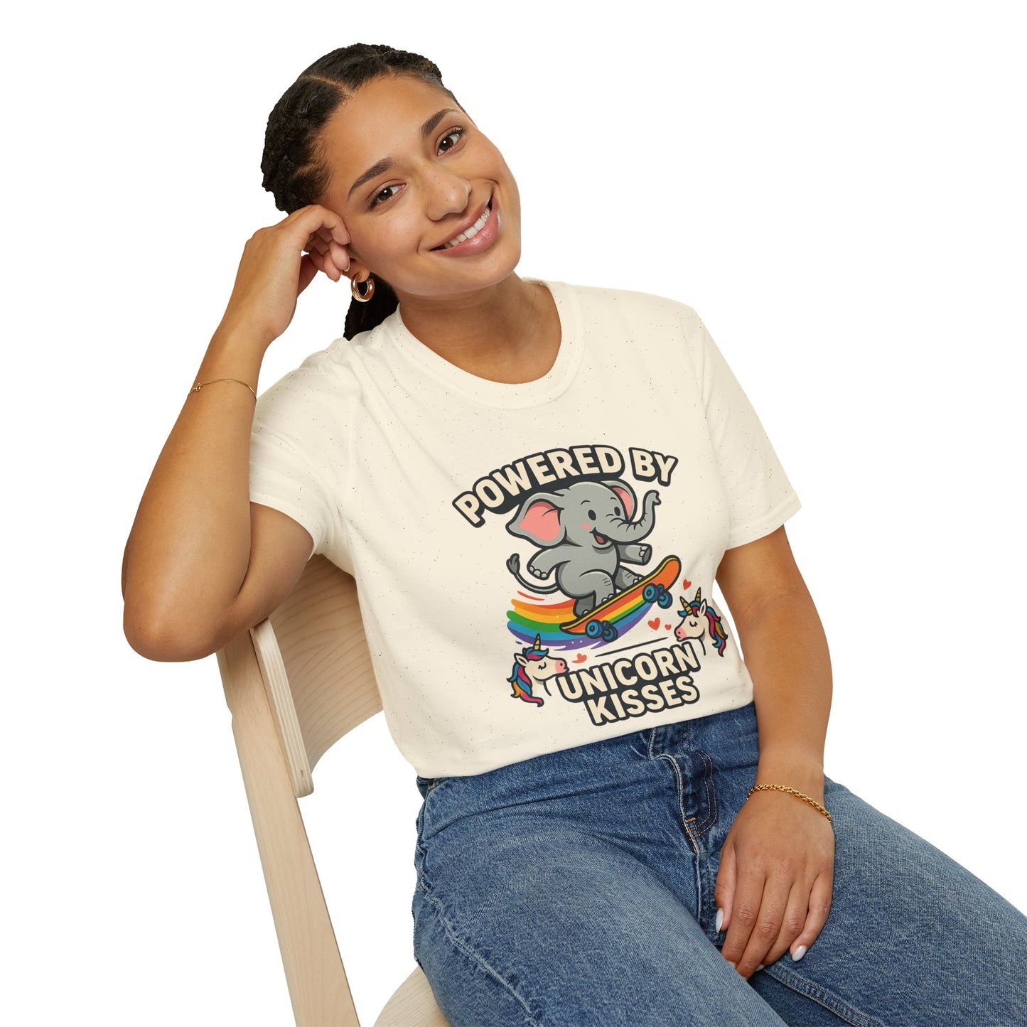 Unleash Magic with our Elephant Riding a Skateboard Powered By Unicorn Kisses Rainbow T-Shirt