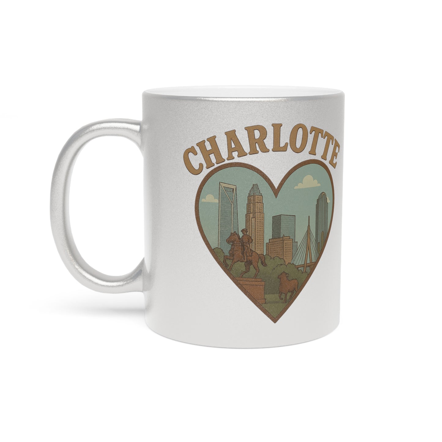 Thrill Your Sips with this Vintage Charlotte Skyline Metallic Mug - Silver & Gold Magic!