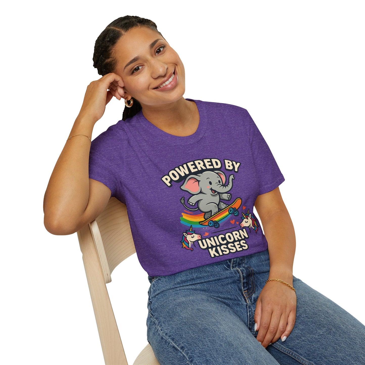 Unleash Magic with our Elephant Riding a Skateboard Powered By Unicorn Kisses Rainbow T-Shirt