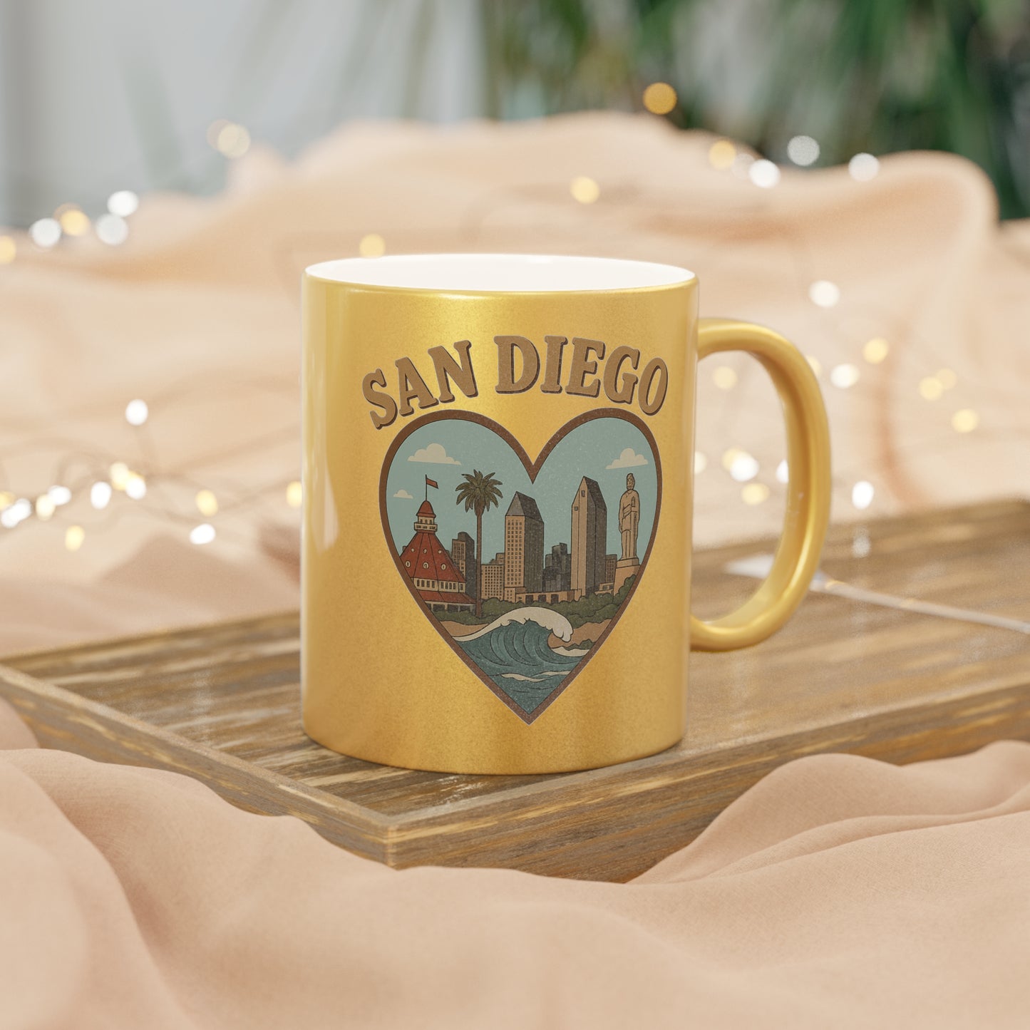 Shiny San Diego Metallic Mug - Vintage Skyline Souvenir Treasure (Silver/Gold)