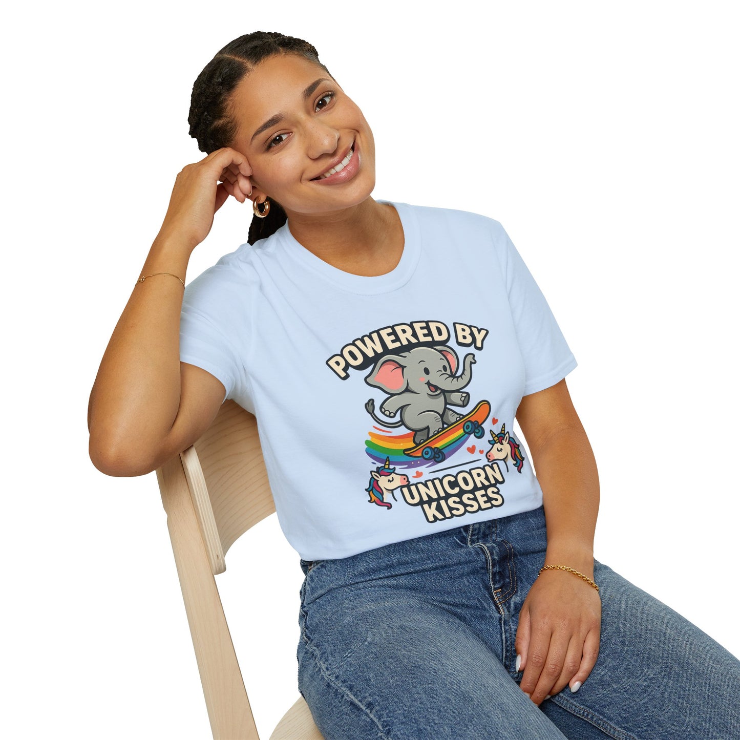 Unleash Magic with our Elephant Riding a Skateboard Powered By Unicorn Kisses Rainbow T-Shirt
