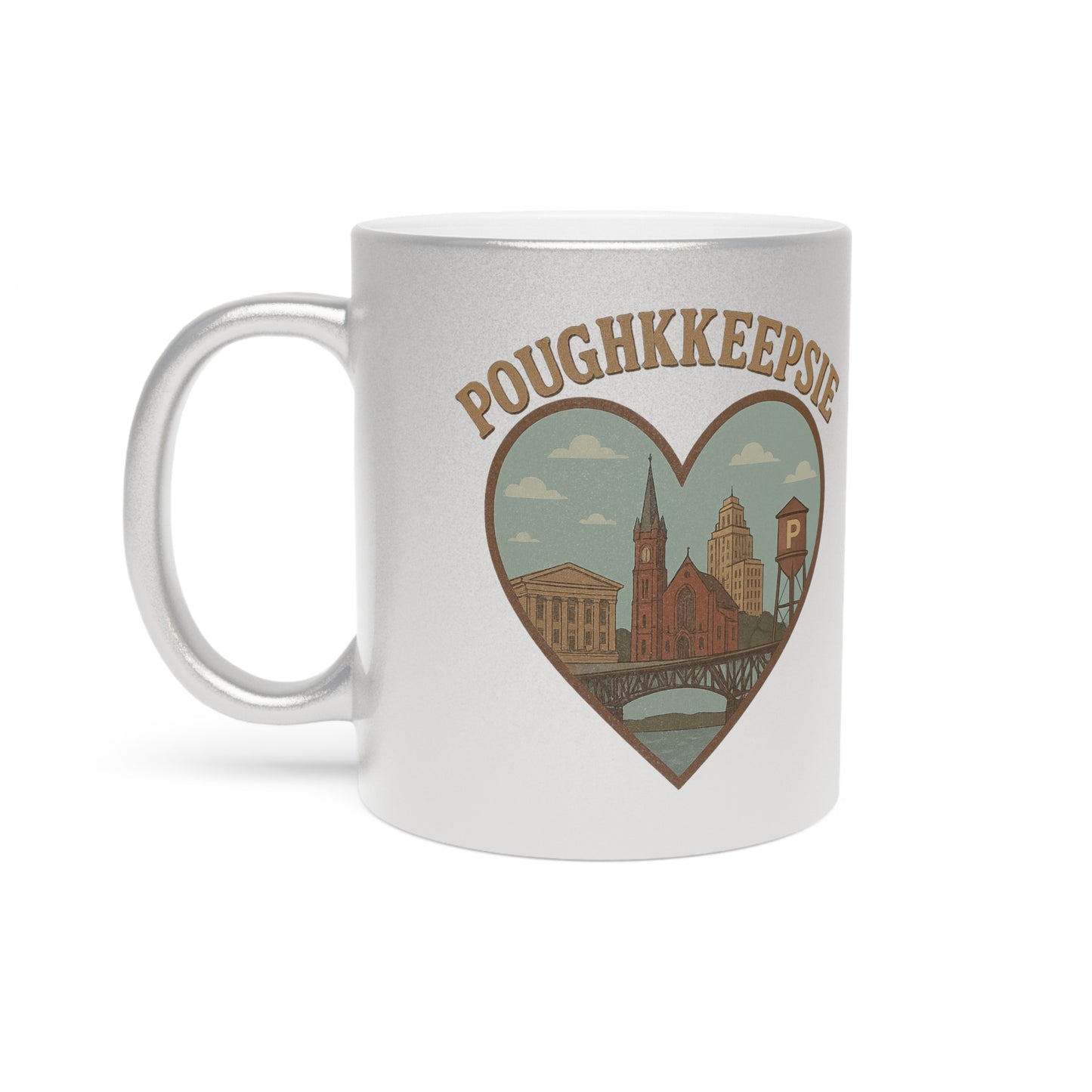 Sip Poughkeepsie in Style: Vintage Metallic Mug with Iconic Skyline
