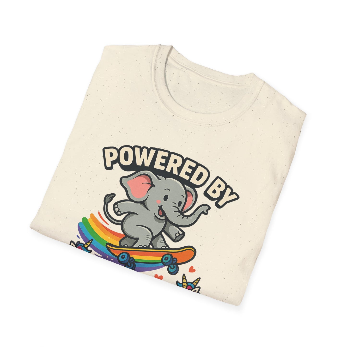 Unleash Magic with our Elephant Riding a Skateboard Powered By Unicorn Kisses Rainbow T-Shirt