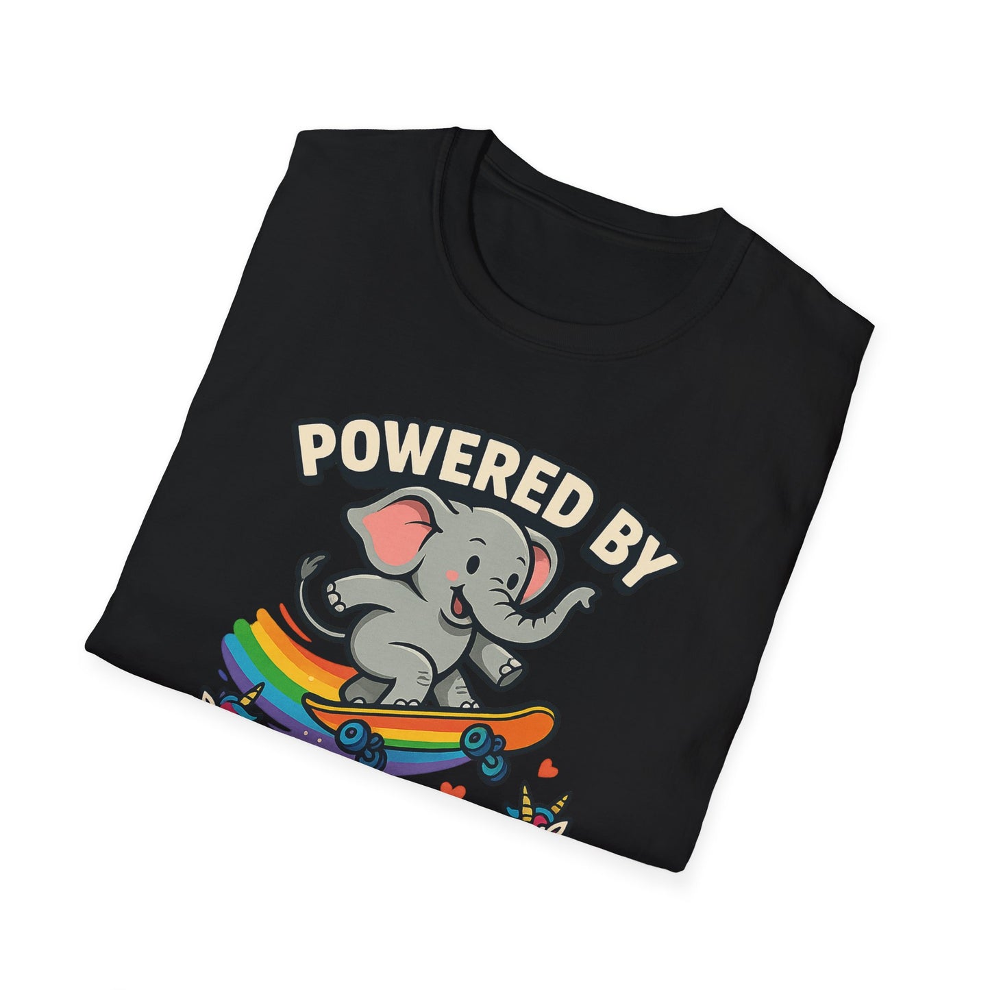 Unleash Magic with our Elephant Riding a Skateboard Powered By Unicorn Kisses Rainbow T-Shirt
