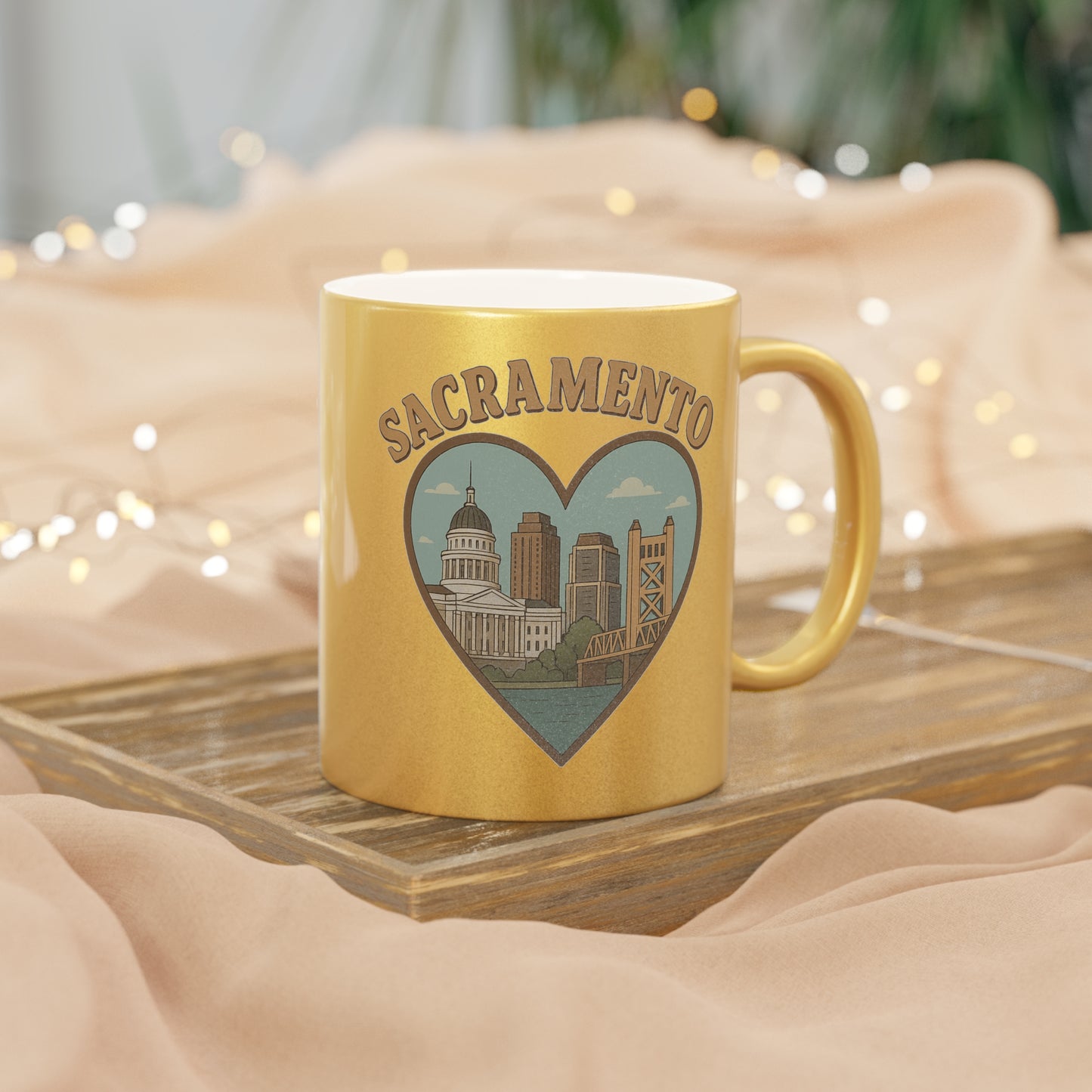 Sip Like Royalty with Our Regal Metallic Mug Featuring Sacramento Landmarks!