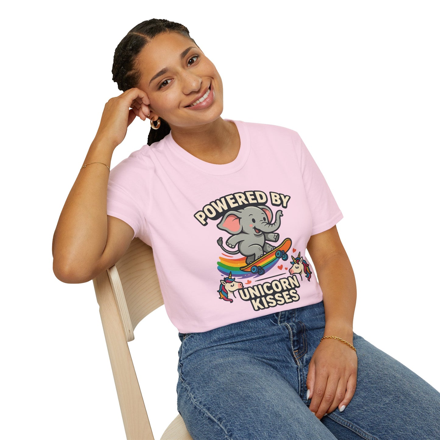 Unleash Magic with our Elephant Riding a Skateboard Powered By Unicorn Kisses Rainbow T-Shirt