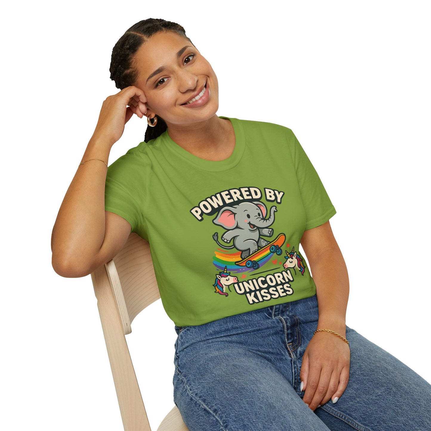 Unleash Magic with our Elephant Riding a Skateboard Powered By Unicorn Kisses Rainbow T-Shirt