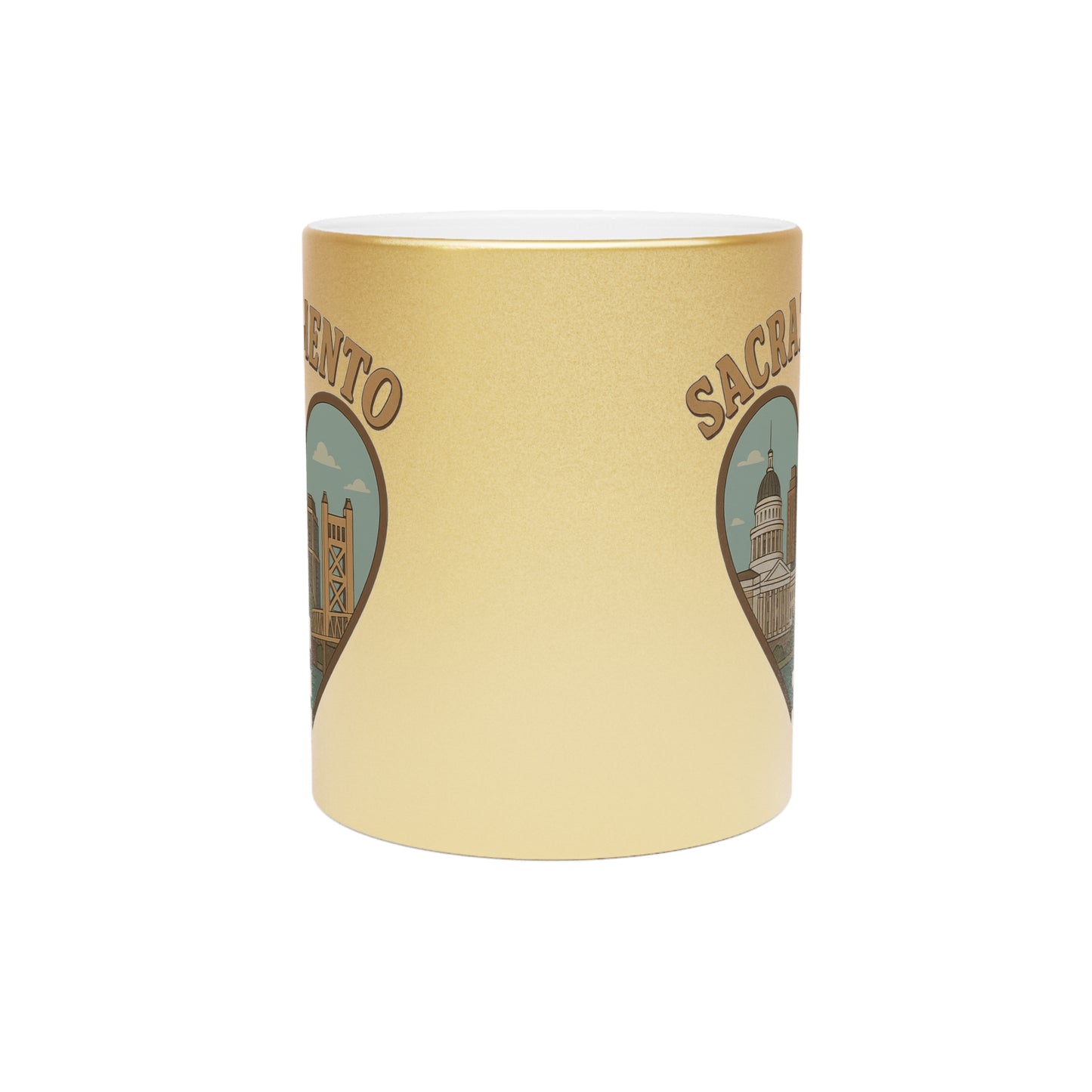 Sip Like Royalty with Our Regal Metallic Mug Featuring Sacramento Landmarks!
