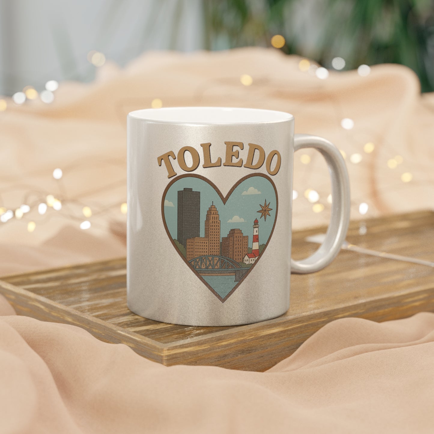 Toledo Skyline Metallic Mug - Bold Vintage Heart Design in Silver Gold