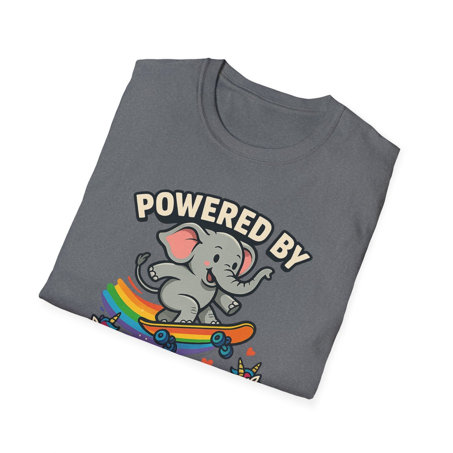 Unleash Magic with our Elephant Riding a Skateboard Powered By Unicorn Kisses Rainbow T-Shirt