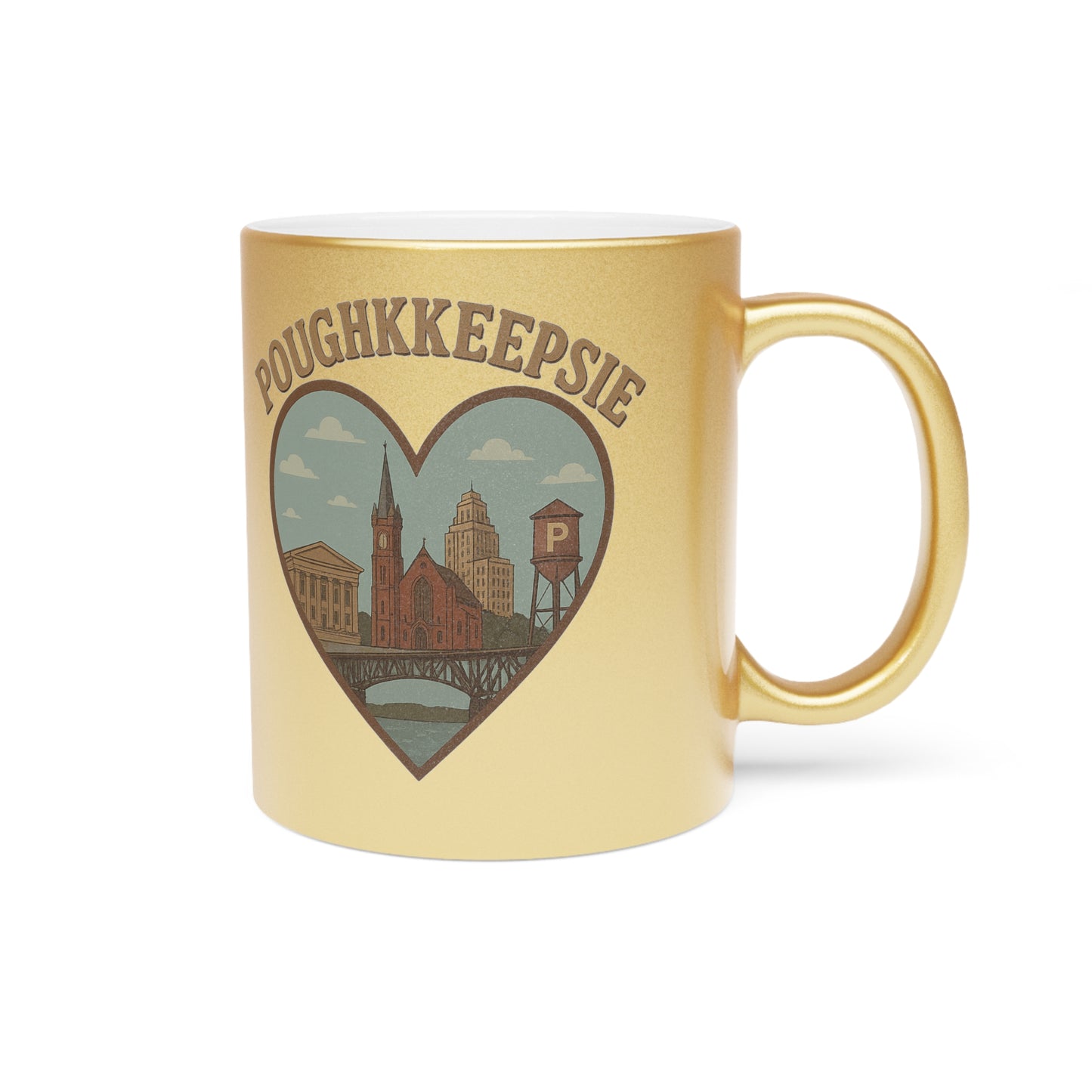 Sip Poughkeepsie in Style: Vintage Metallic Mug with Iconic Skyline