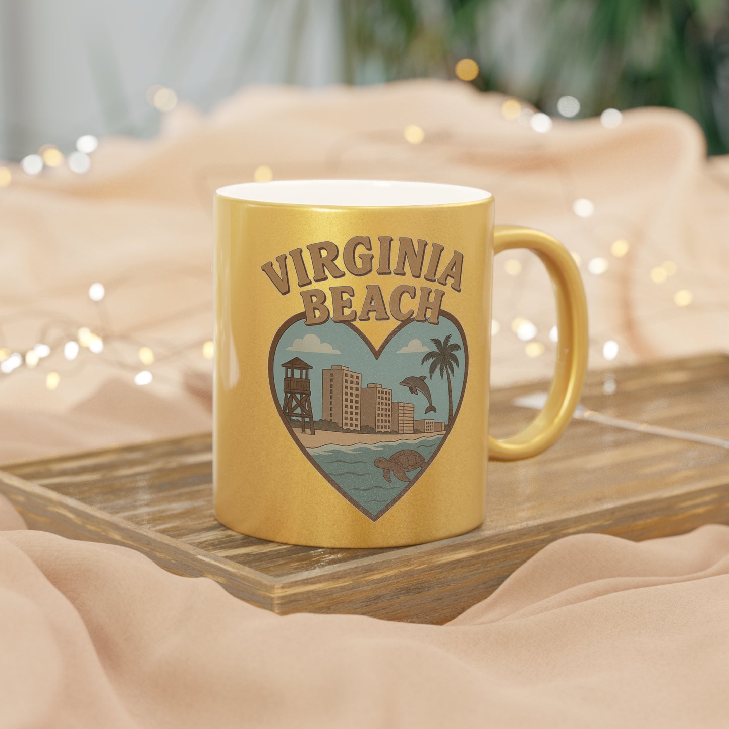 Catch Golden Waves with the Virginia Beach Skyline Heart Mug
