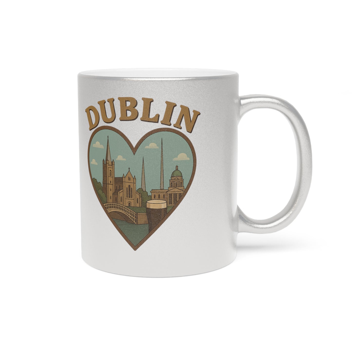 Sip in Style with Our Vintage Dublin Skyline Metallic Mug in Silver & Gold!