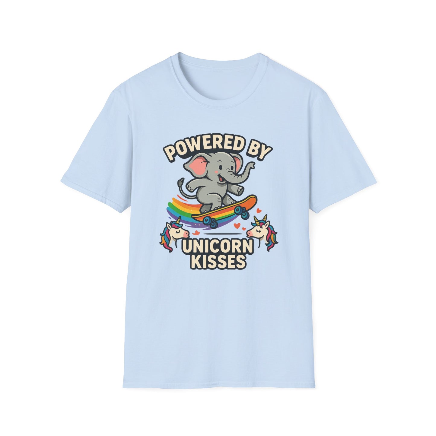 Unleash Magic with our Elephant Riding a Skateboard Powered By Unicorn Kisses Rainbow T-Shirt