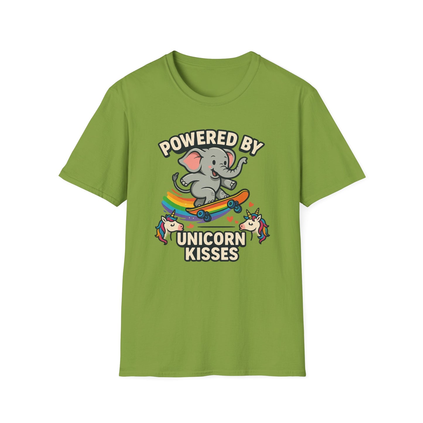 Unleash Magic with our Elephant Riding a Skateboard Powered By Unicorn Kisses Rainbow T-Shirt