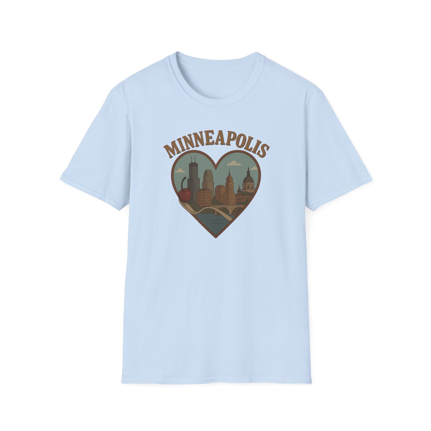 Fall in Love with Minneapolis: Retro Skyline T-Shirt with Whimsical Heart Design