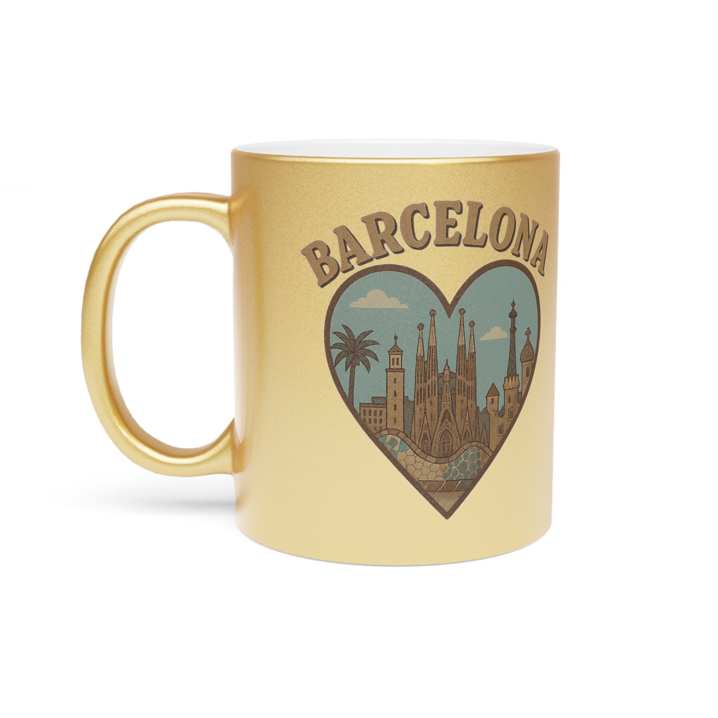 Shimmering Barcelona Heart Metallic Mug for Coffee and Adventure Dreamers