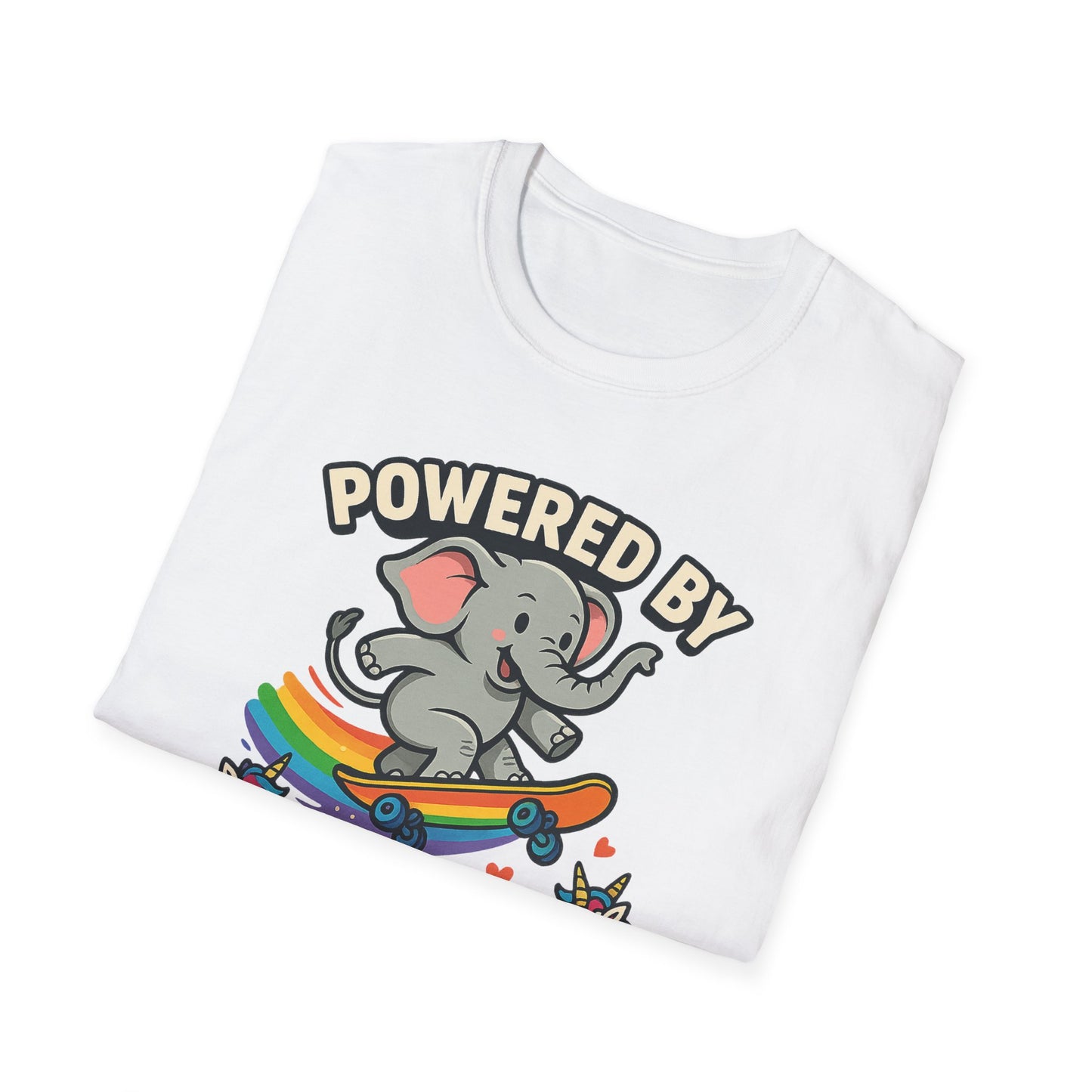 Unleash Magic with our Elephant Riding a Skateboard Powered By Unicorn Kisses Rainbow T-Shirt