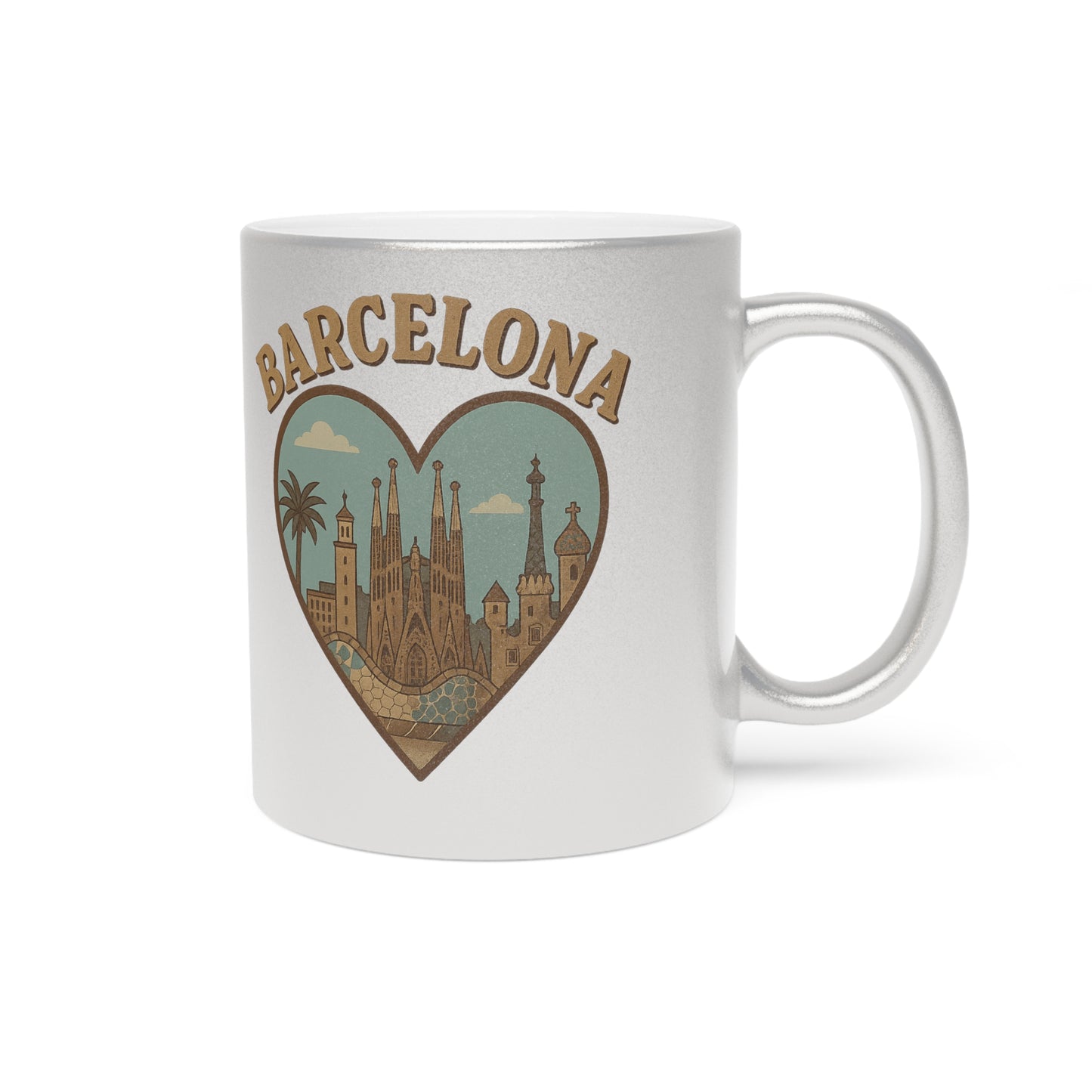 Shimmering Barcelona Heart Metallic Mug for Coffee and Adventure Dreamers