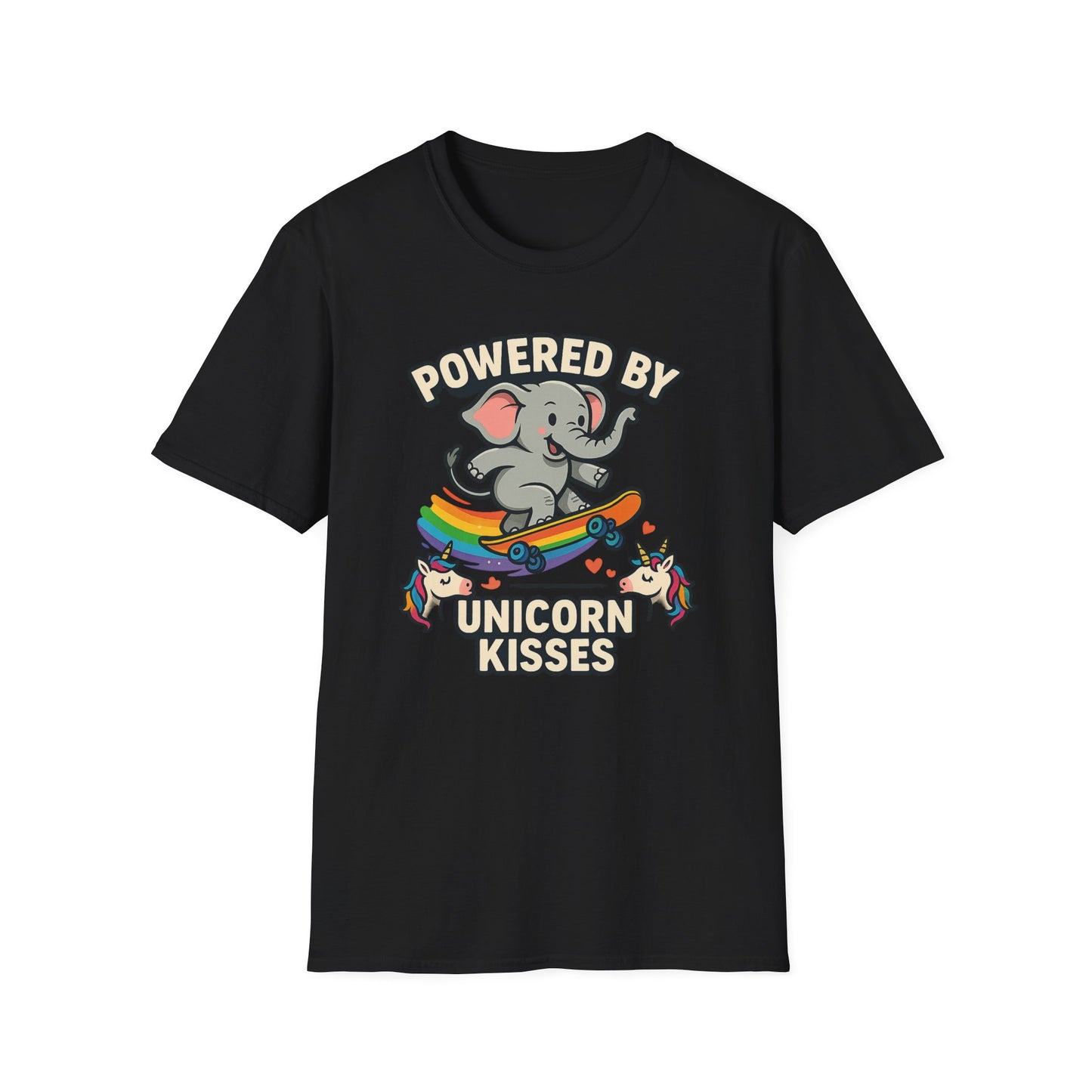 Unleash Magic with our Elephant Riding a Skateboard Powered By Unicorn Kisses Rainbow T-Shirt