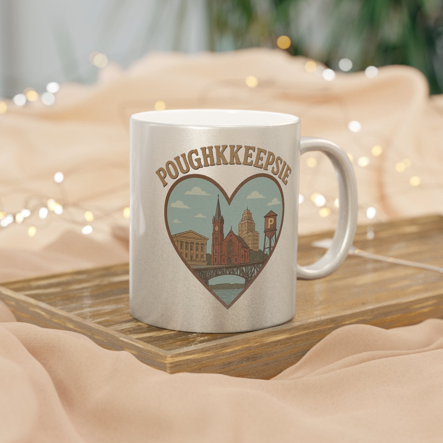 Sip Poughkeepsie in Style: Vintage Metallic Mug with Iconic Skyline