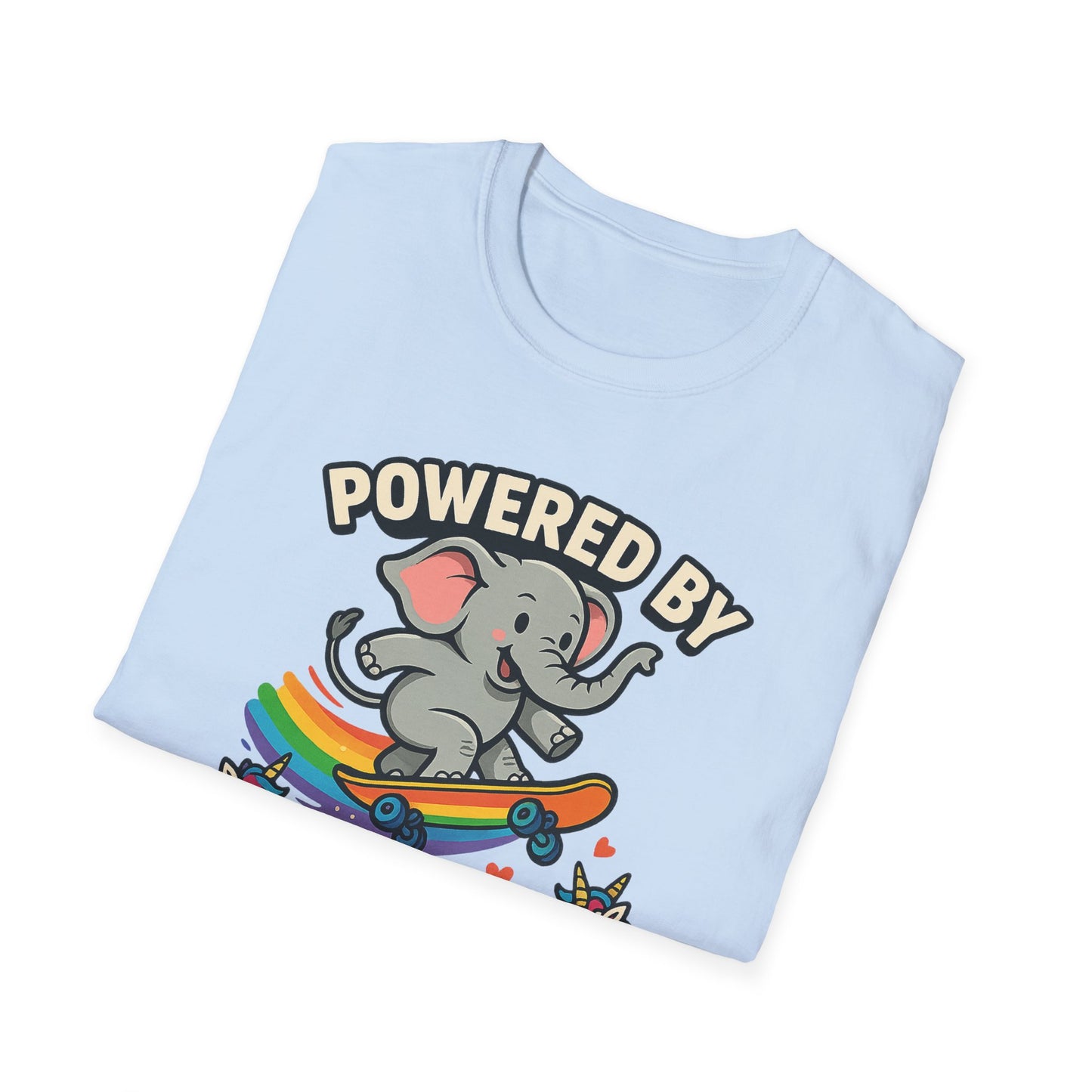 Unleash Magic with our Elephant Riding a Skateboard Powered By Unicorn Kisses Rainbow T-Shirt