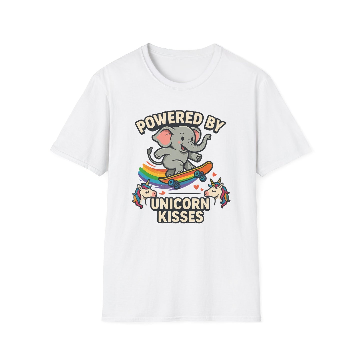 Unleash Magic with our Elephant Riding a Skateboard Powered By Unicorn Kisses Rainbow T-Shirt