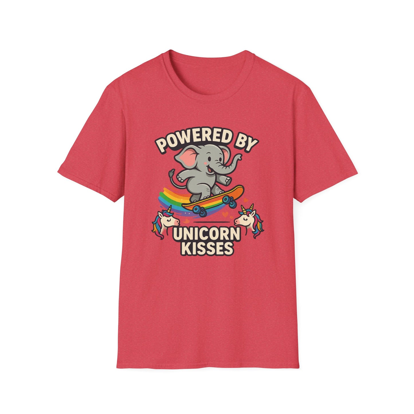 Unleash Magic with our Elephant Riding a Skateboard Powered By Unicorn Kisses Rainbow T-Shirt