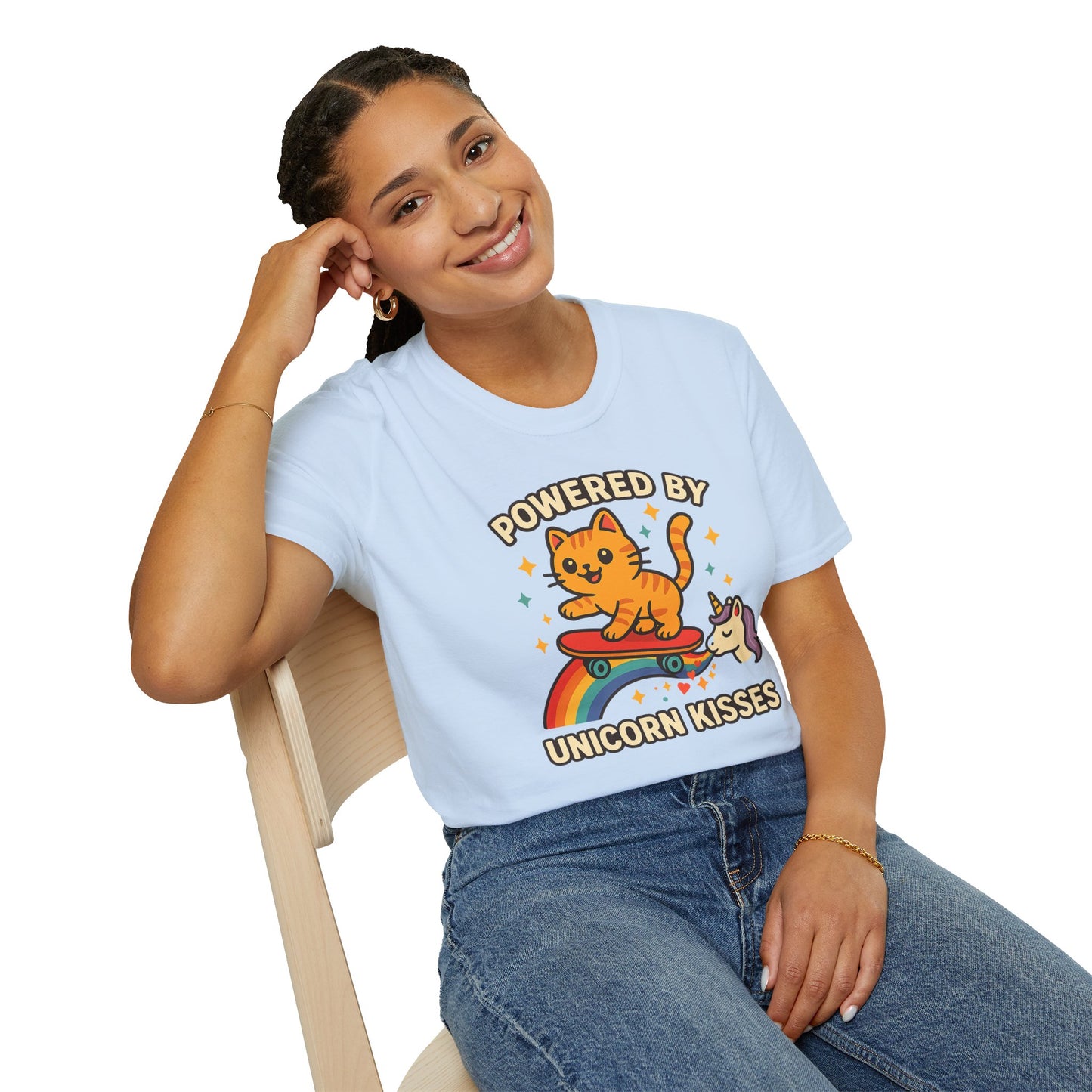 Catch the Magic Wave in a Cat Powered by Unicorn Kisses T-Shirt - Soft Unisex Fit!