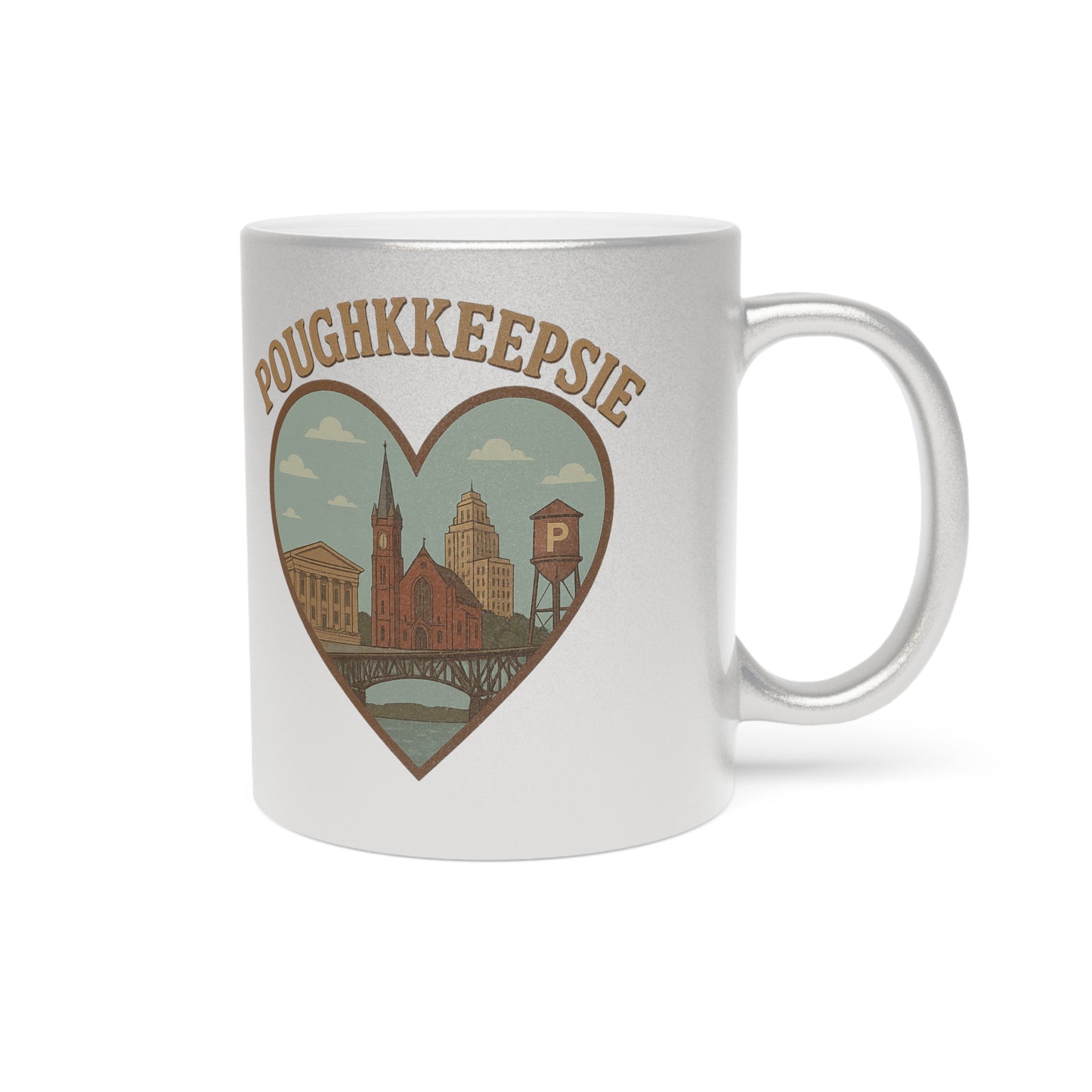 Sip Poughkeepsie in Style: Vintage Metallic Mug with Iconic Skyline
