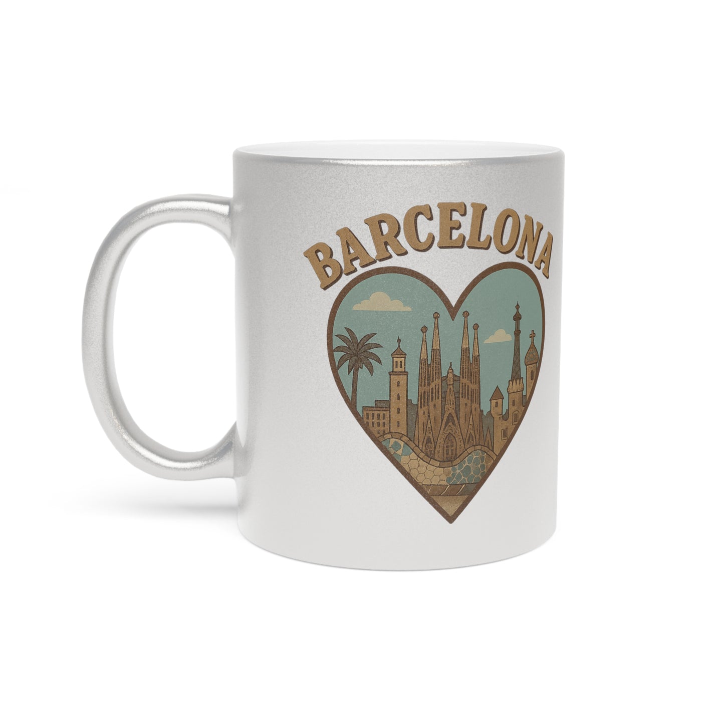 Shimmering Barcelona Heart Metallic Mug for Coffee and Adventure Dreamers