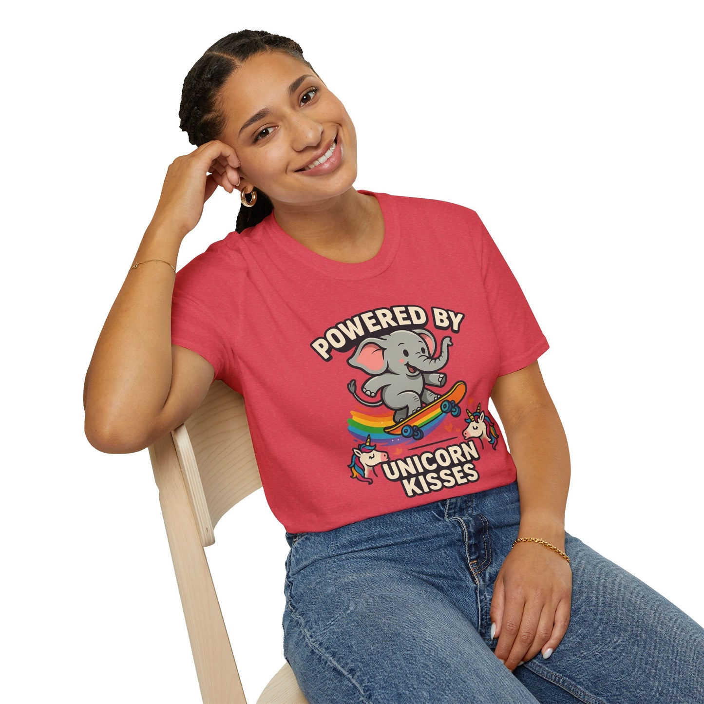 Unleash Magic with our Elephant Riding a Skateboard Powered By Unicorn Kisses Rainbow T-Shirt