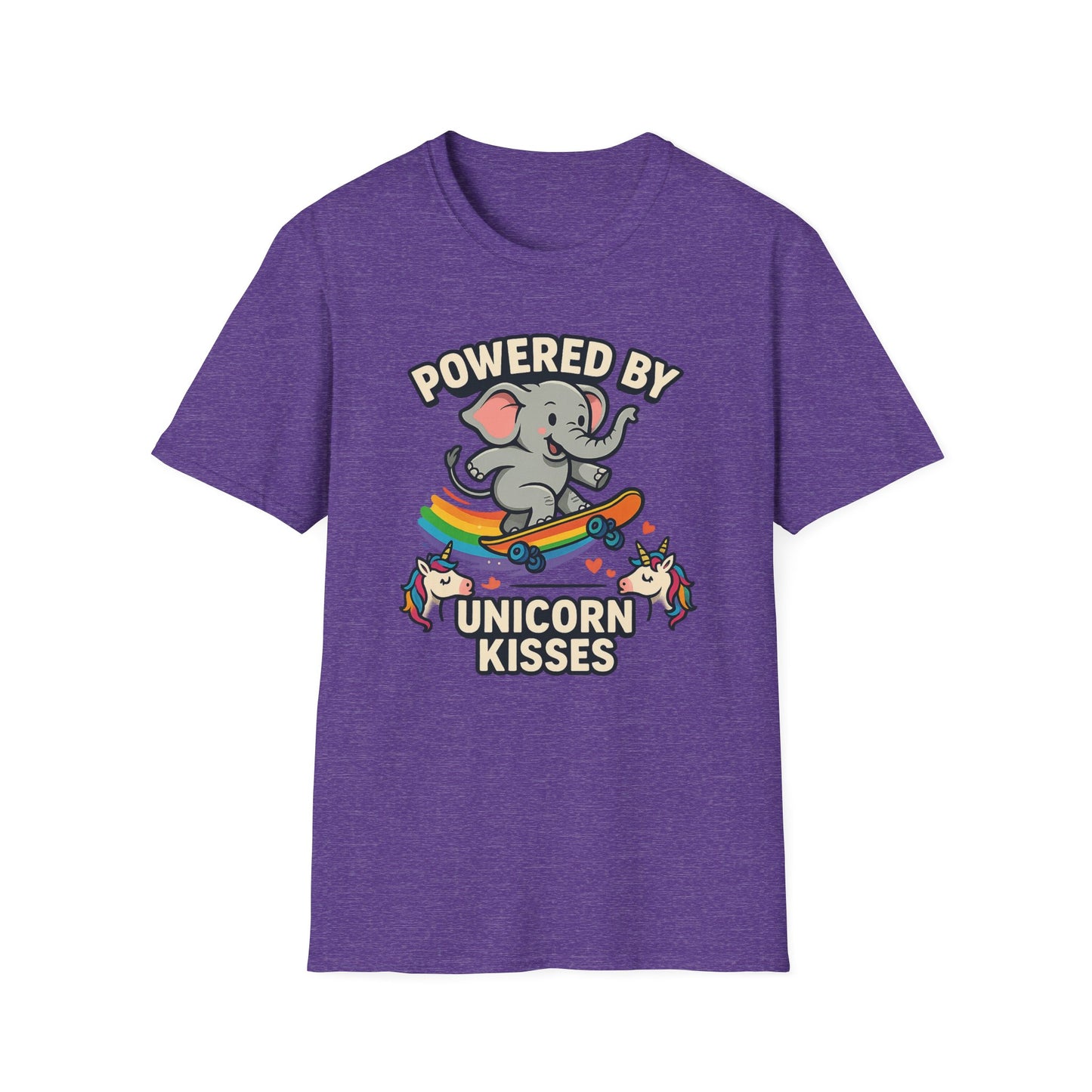 Unleash Magic with our Elephant Riding a Skateboard Powered By Unicorn Kisses Rainbow T-Shirt
