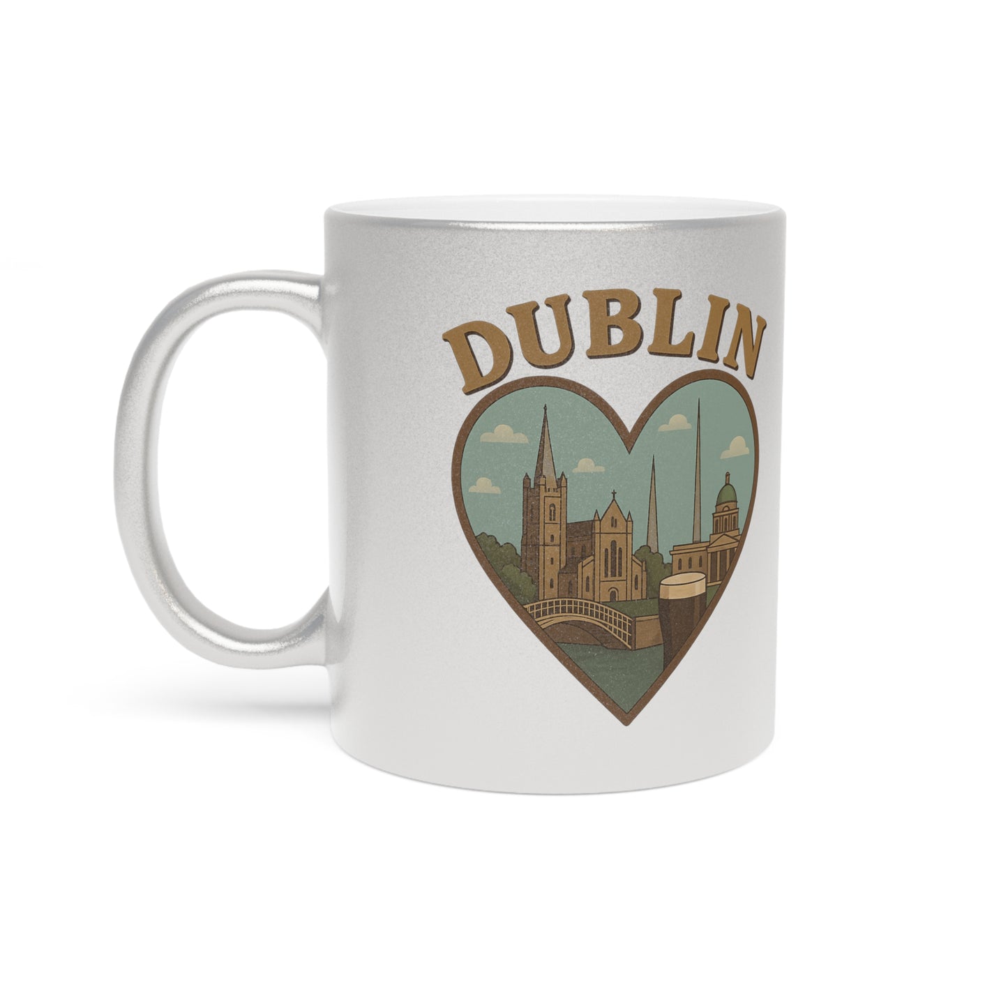 Sip in Style with Our Vintage Dublin Skyline Metallic Mug in Silver & Gold!