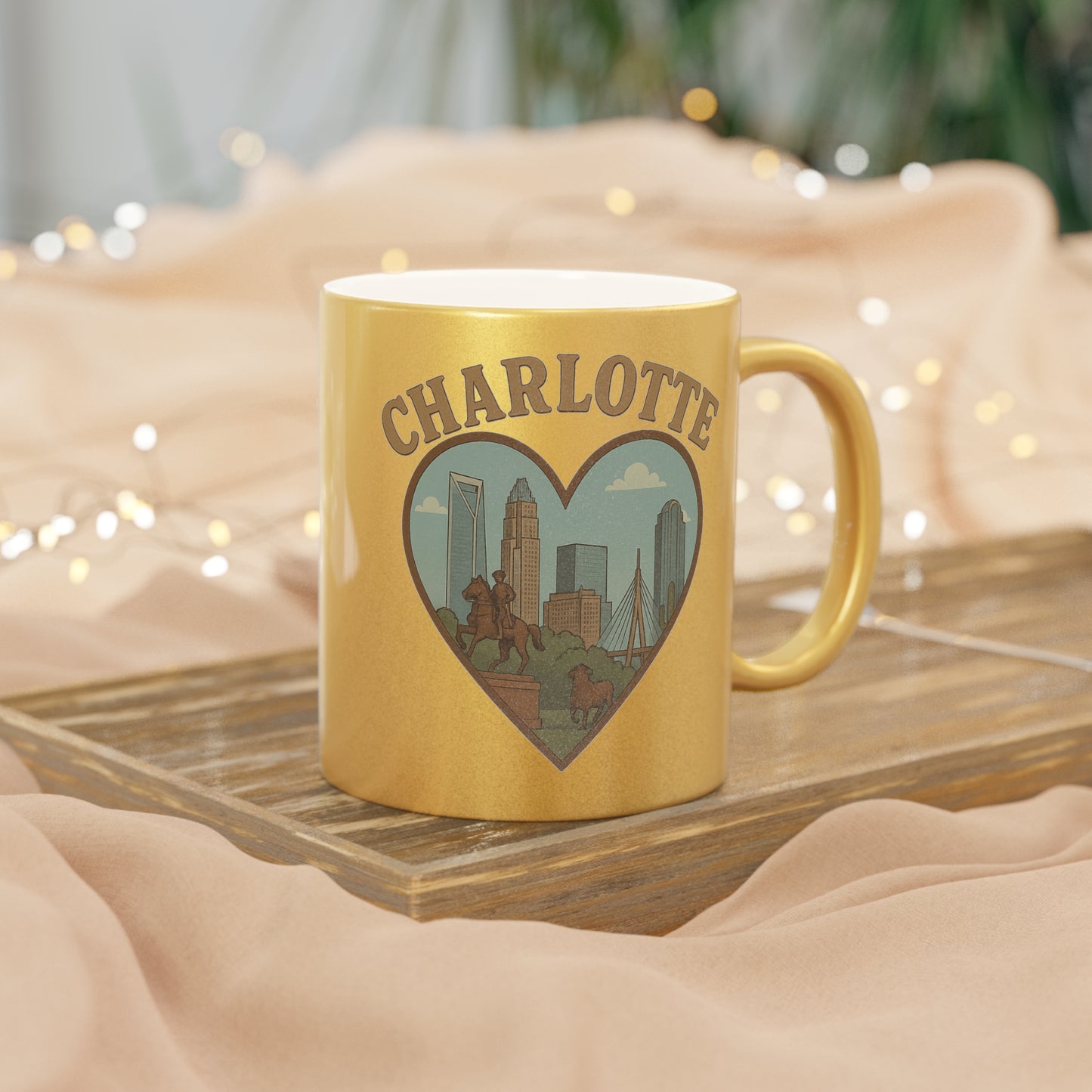 Thrill Your Sips with this Vintage Charlotte Skyline Metallic Mug - Silver & Gold Magic!