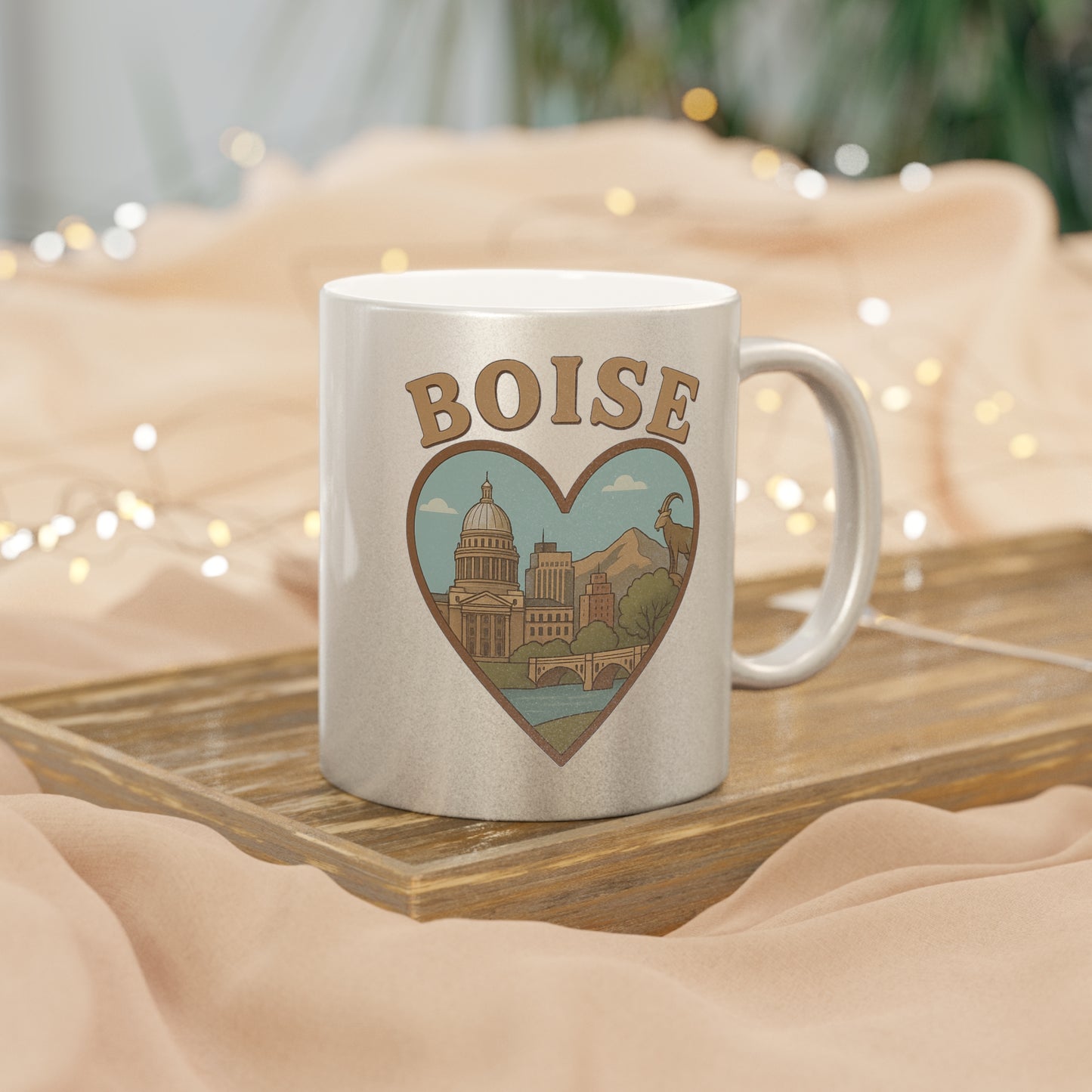 Boise Love Metallic Mug: Sip with City Pride in Shimmering Silver or Glistening Gold