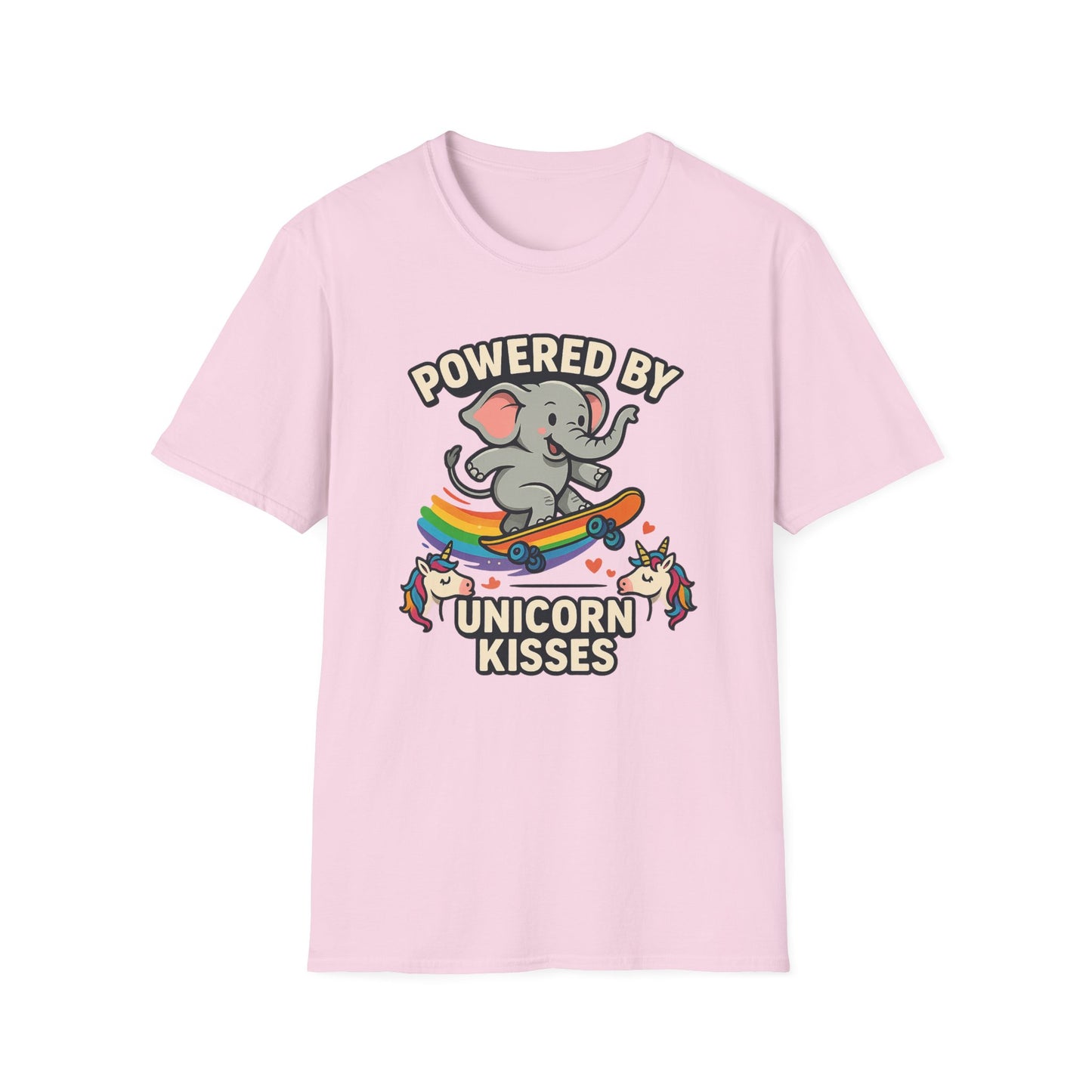 Unleash Magic with our Elephant Riding a Skateboard Powered By Unicorn Kisses Rainbow T-Shirt