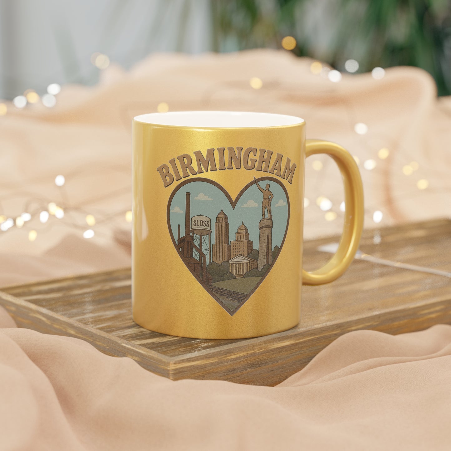Shiny Birmingham Metallic Mug with Vintage Skyline Heart - Perfect Gift!