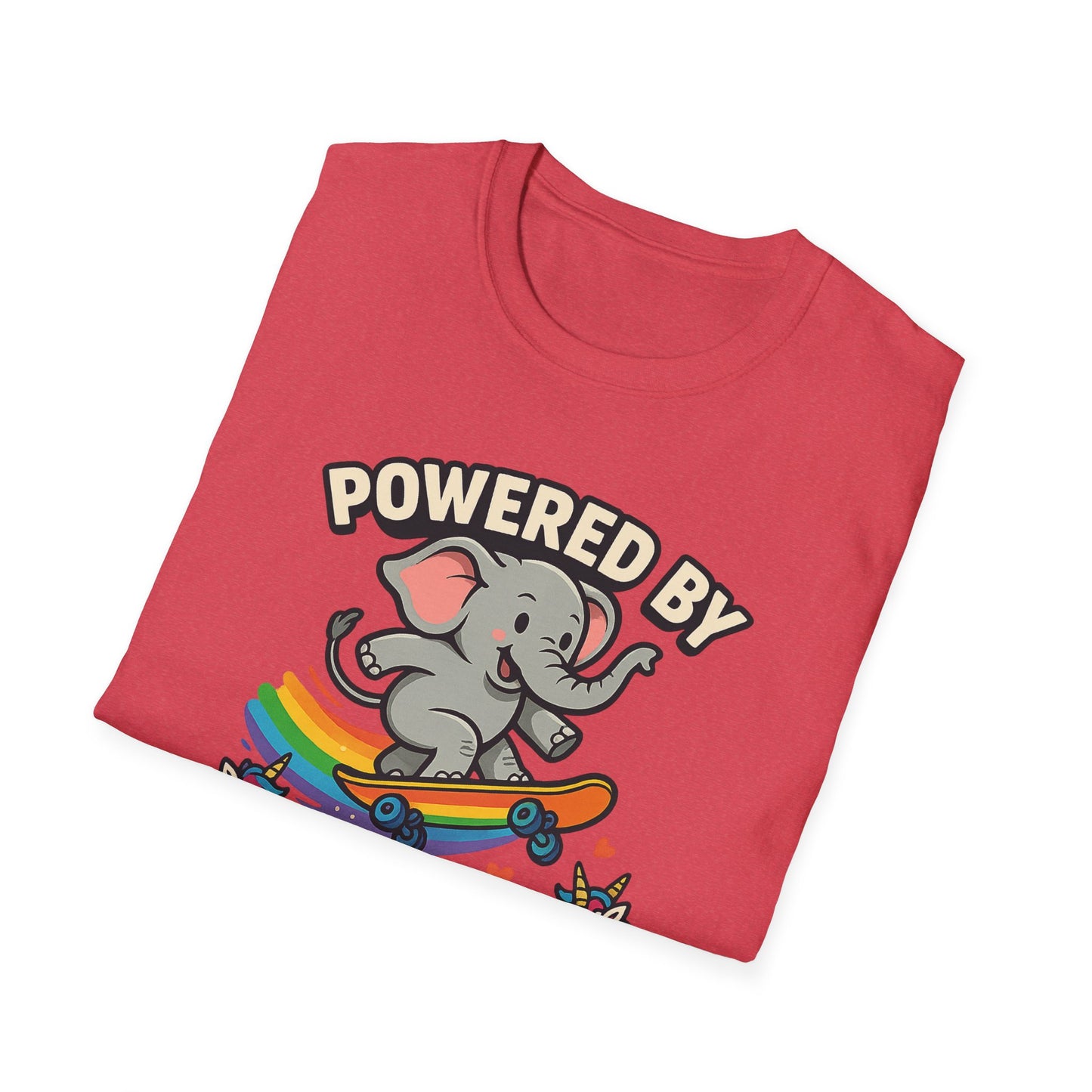 Unleash Magic with our Elephant Riding a Skateboard Powered By Unicorn Kisses Rainbow T-Shirt