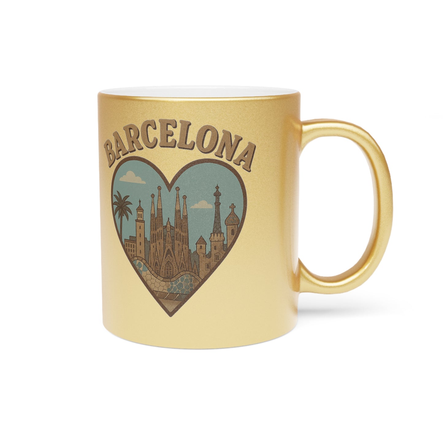 Shimmering Barcelona Heart Metallic Mug for Coffee and Adventure Dreamers