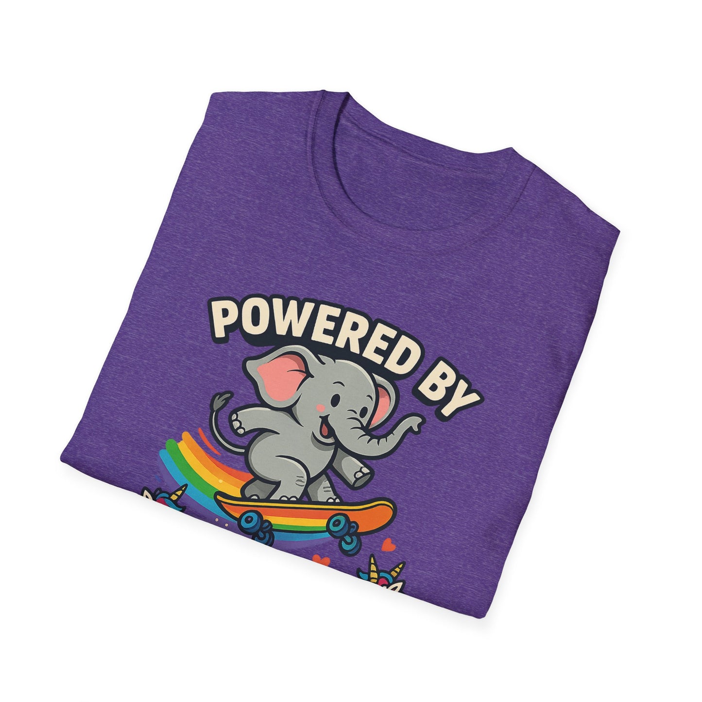Unleash Magic with our Elephant Riding a Skateboard Powered By Unicorn Kisses Rainbow T-Shirt