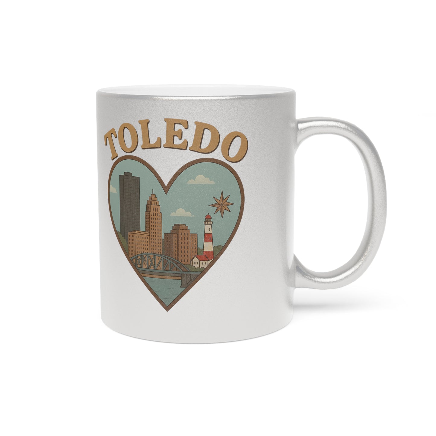 Toledo Skyline Metallic Mug - Bold Vintage Heart Design in Silver Gold