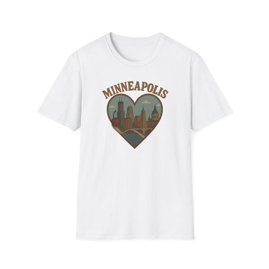 Fall in Love with Minneapolis: Retro Skyline T-Shirt with Whimsical Heart Design
