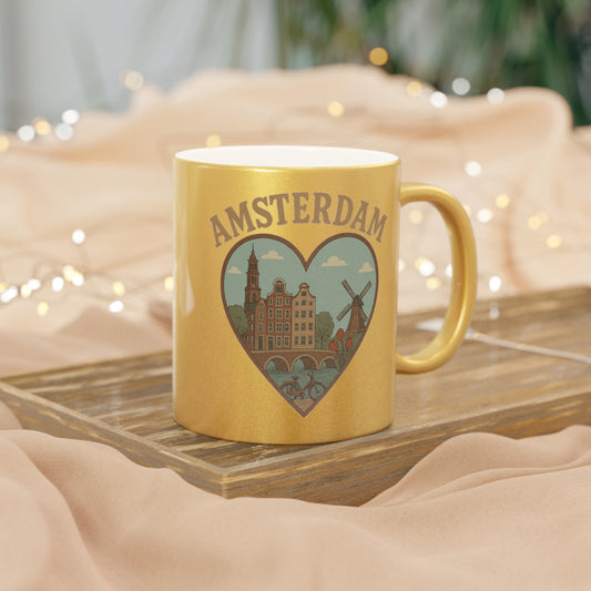 Sip in Style with the Amsterdam Skyline Metallic Mug in Silver and Gold!