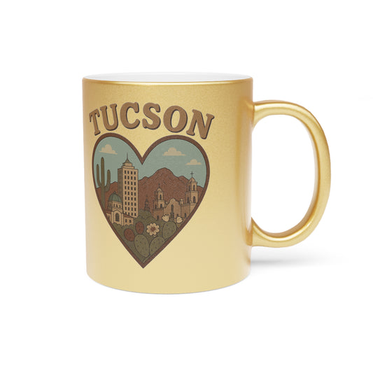 Gleaming Tucson Metallic Mug: Vintage Cactus Skyline Dream in Gold and Silver
