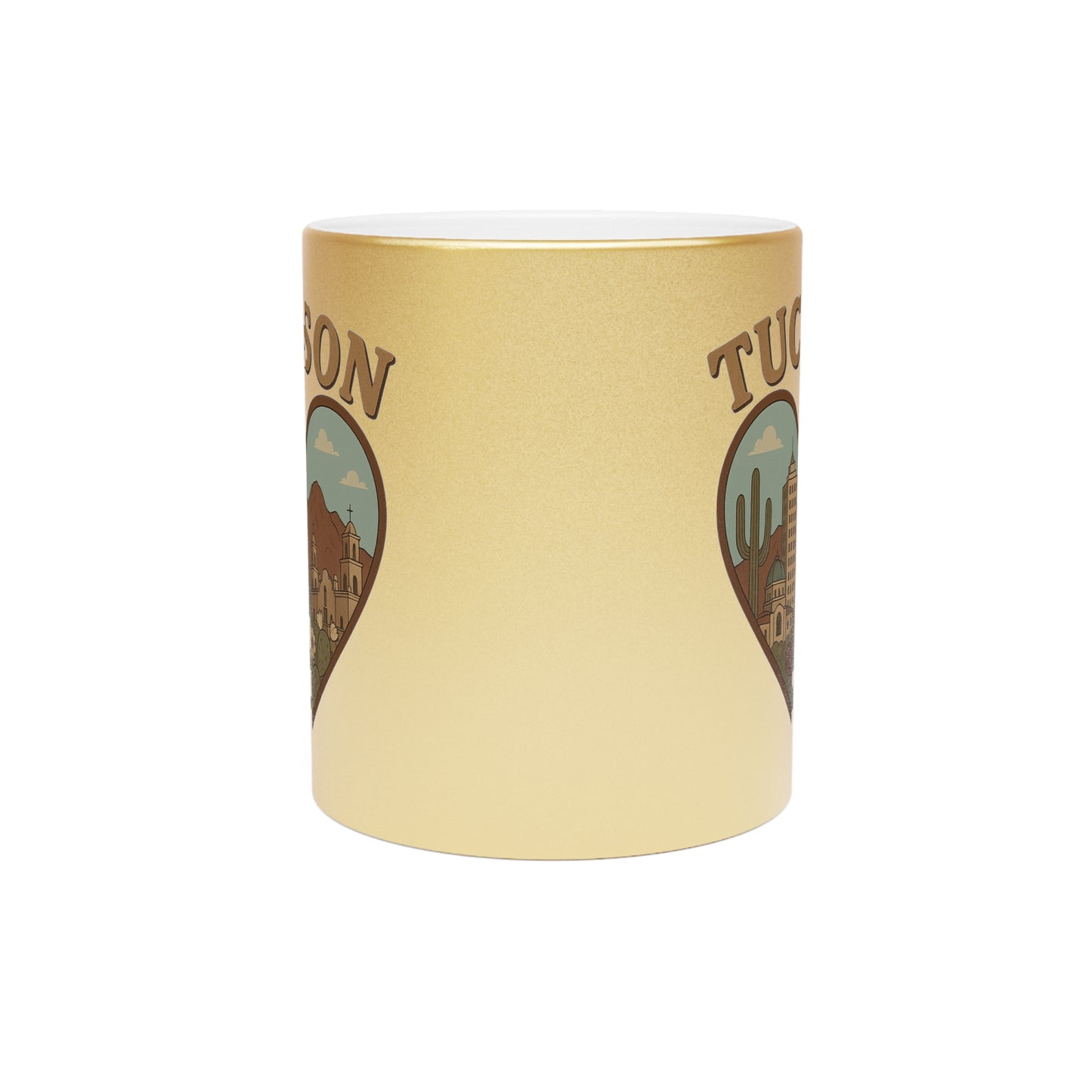 Gleaming Tucson Metallic Mug: Vintage Cactus Skyline Dream in Gold and Silver