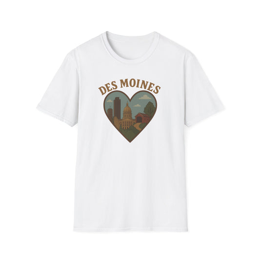 Fall in Love with Des Moines: Unisex Soft Tee Celebrating Iowa's Capital with Heart