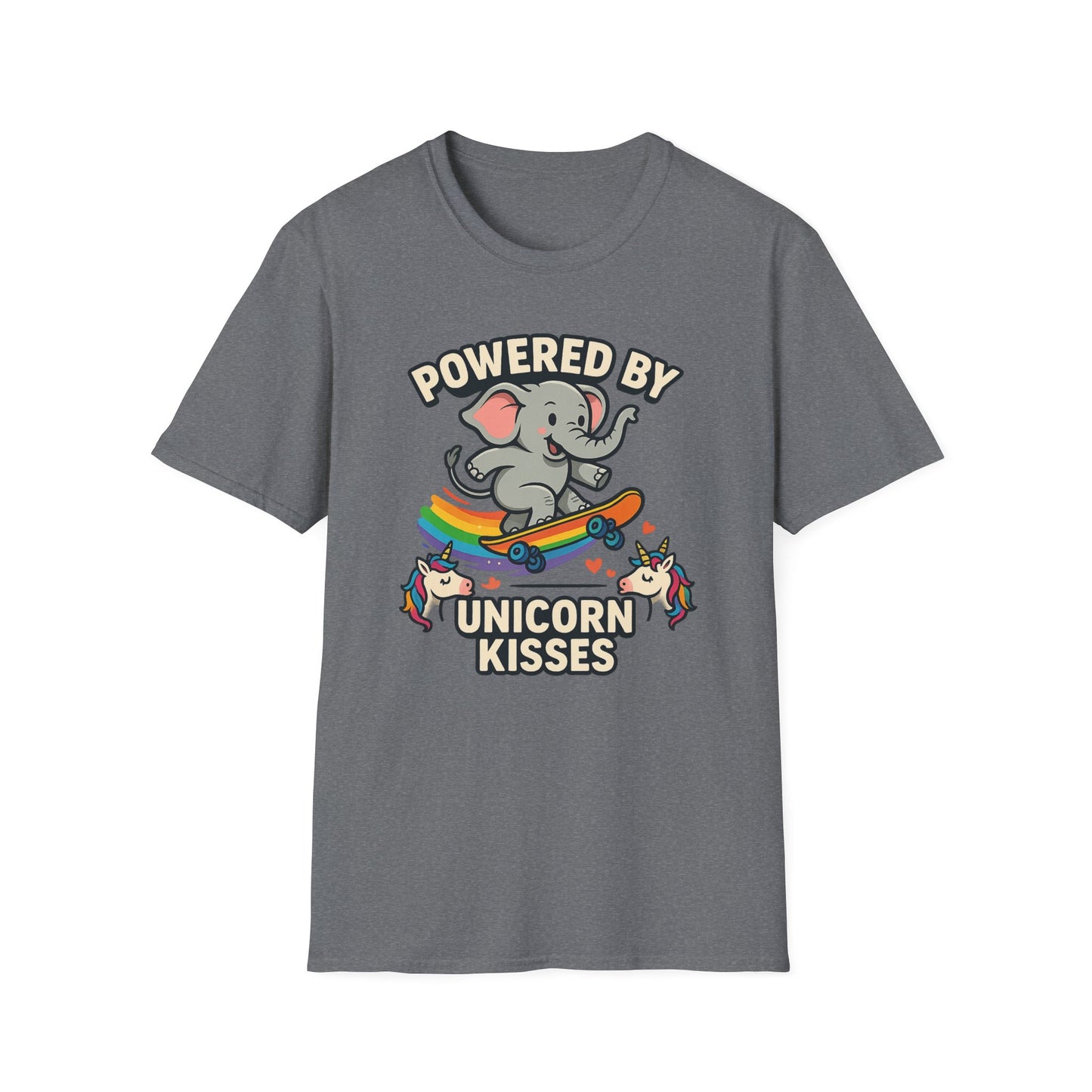 Unleash Magic with our Elephant Riding a Skateboard Powered By Unicorn Kisses Rainbow T-Shirt