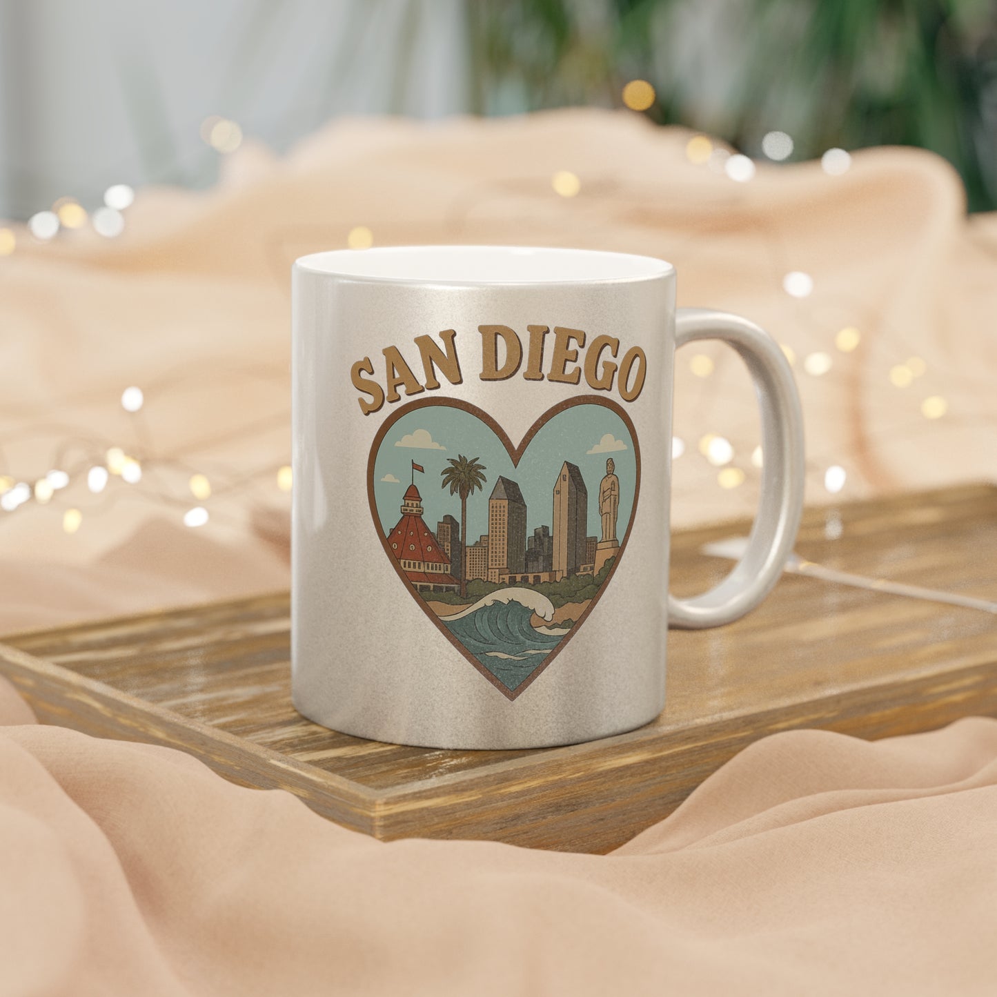 Shiny San Diego Metallic Mug - Vintage Skyline Souvenir Treasure (Silver/Gold)
